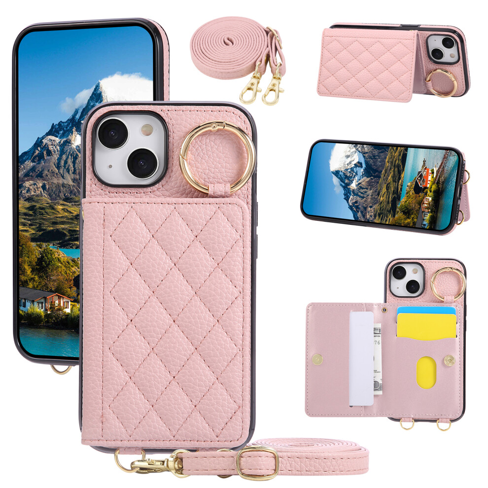 (Iphone 15, ) For Iphone 15 Case Kickstand Rhombus Leather+Tpu Phone Cover With Shoulder Strap Pink 6914281590096