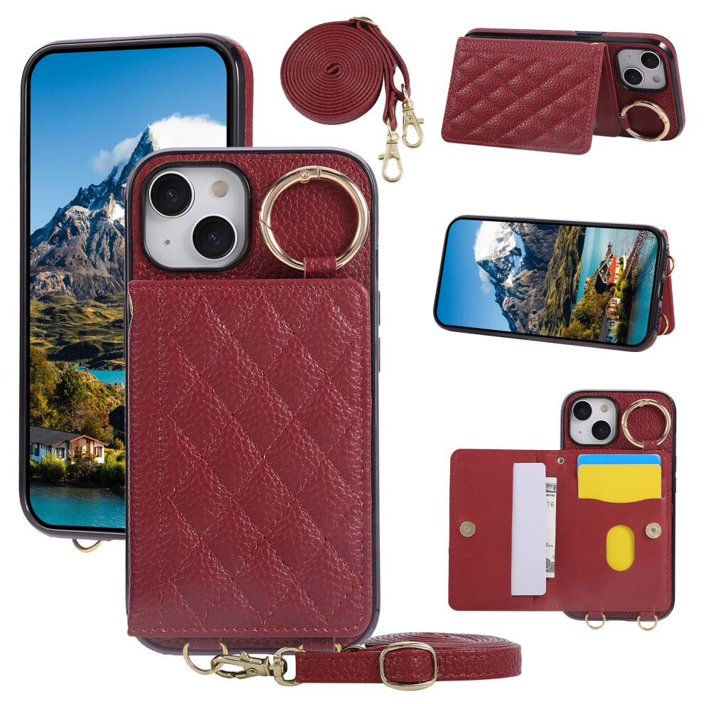 (Iphone 15, ) For Iphone 15 Case Kickstand Rhombus Leather+Tpu Phone Cover With Shoulder Strap Red 6914286796097