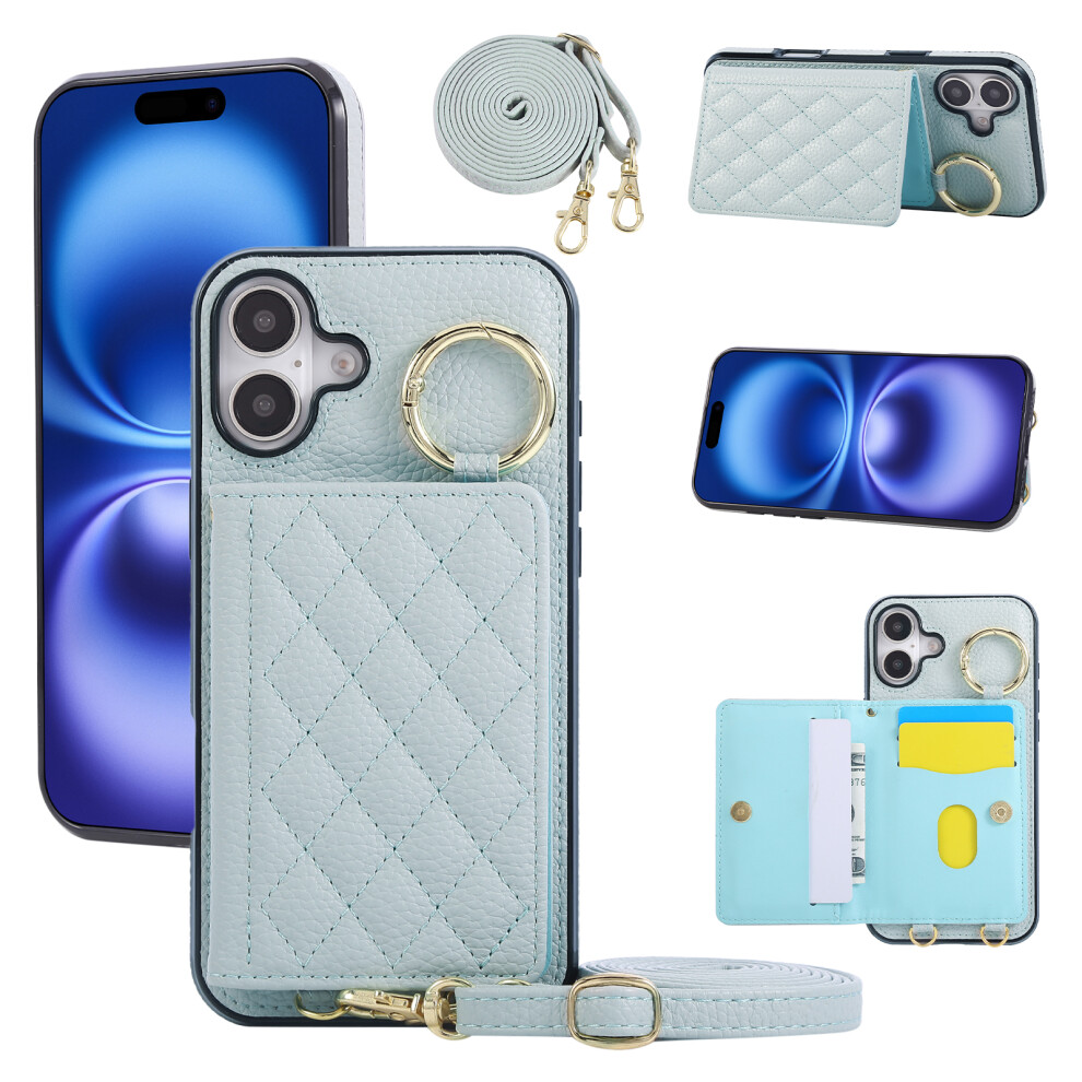(Iphone 16, ) For Iphone 16 Case Kickstand Rhombus Leather+Tpu Phone Cover With Shoulder Strap Blue 6914288525435