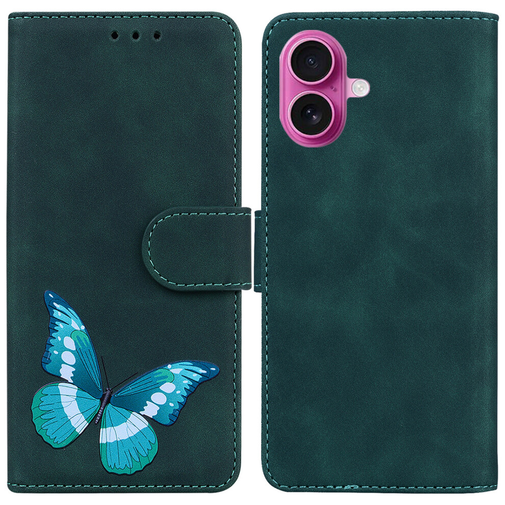 (Iphone 17, ) For Iphone 17 Stand Case Pu Leather Phone Cover Butterfly Printed Green 6914281503799