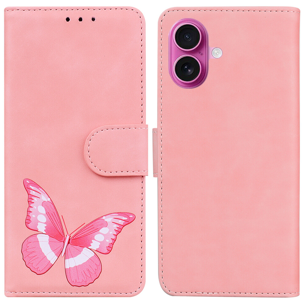 (Iphone 17, ) For Iphone 17 Stand Case Pu Leather Phone Cover Butterfly Printed Pink 6914285605475