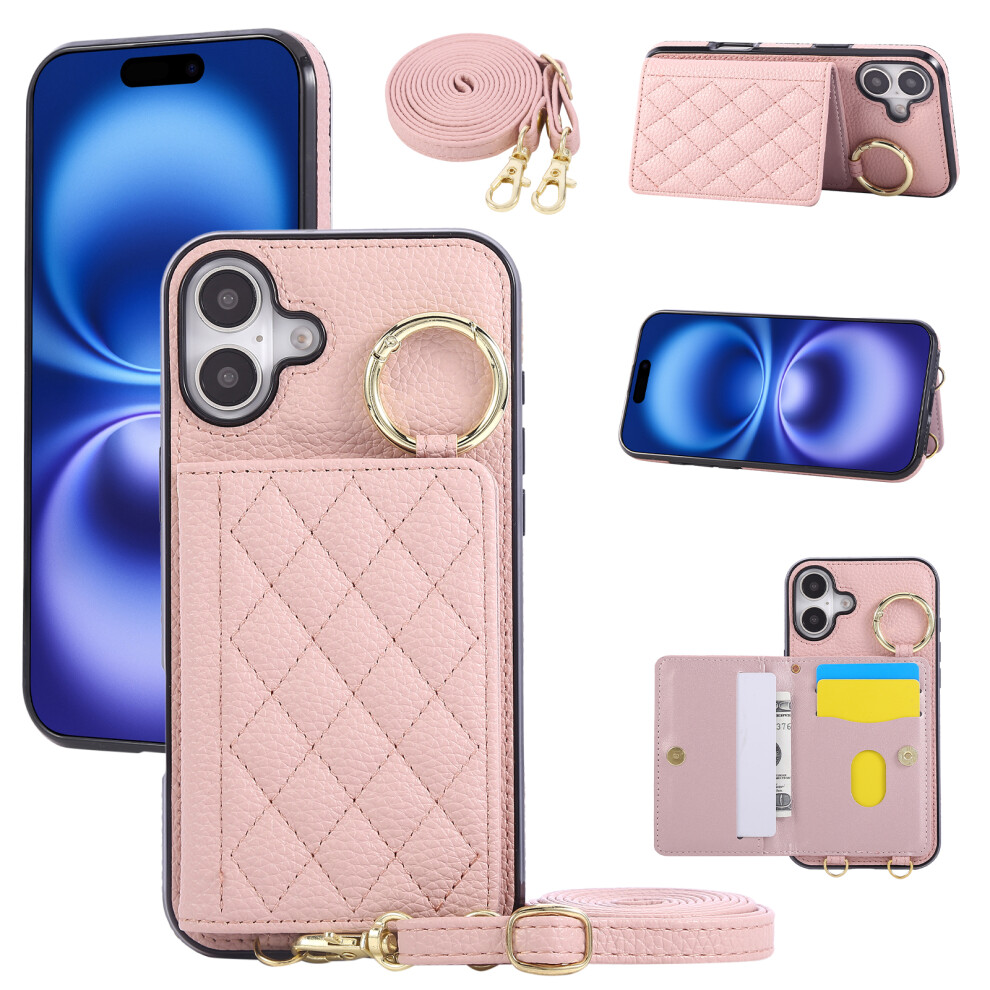 (Iphone 16, ) For Iphone 16 Case Kickstand Rhombus Leather+Tpu Phone Cover With Shoulder Strap Pink 6914283395651
