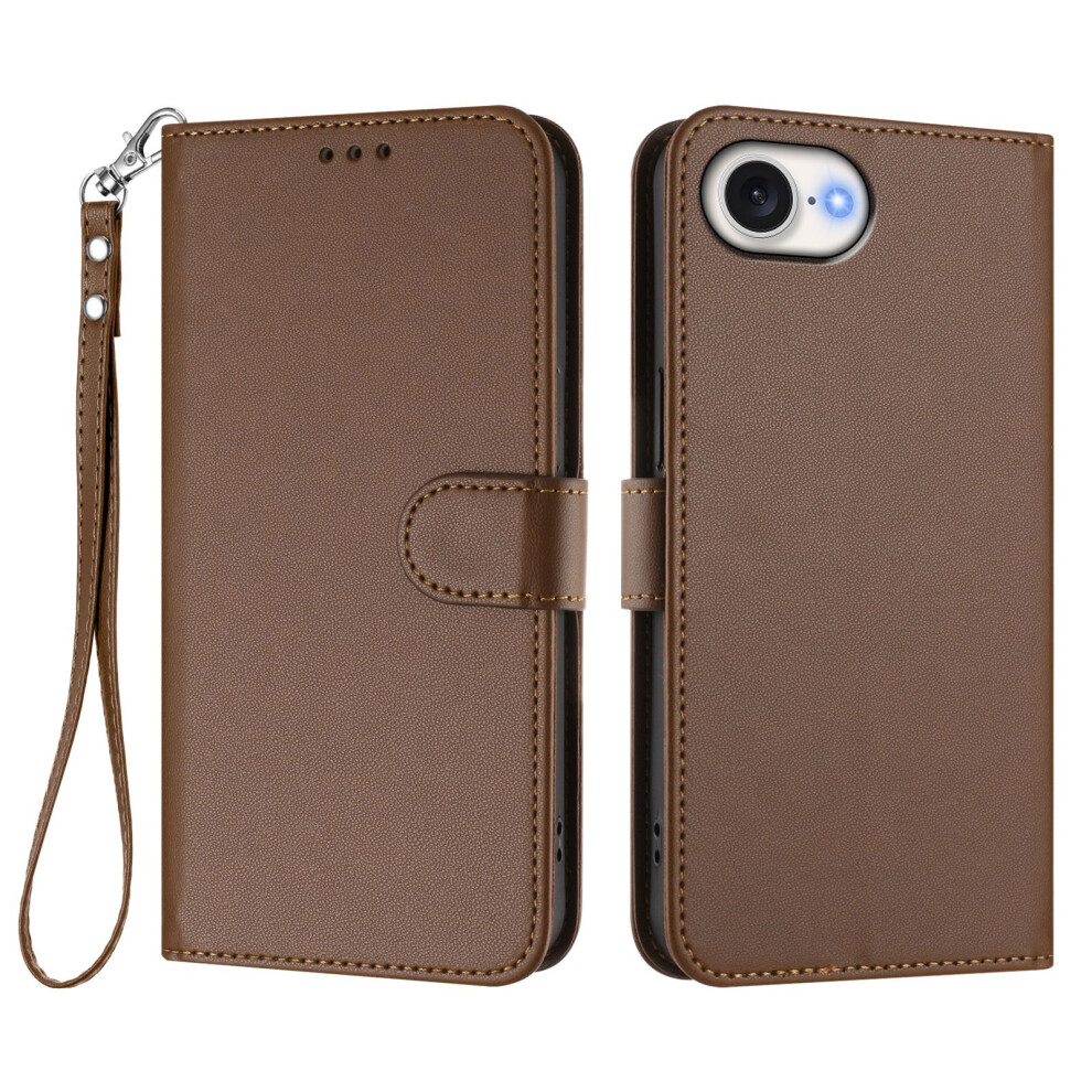 (Iphone 16E, ) For Iphone 16E Leather Case Wallet Stand Phone Cover With Wrist Strap Brown 6914280575568
