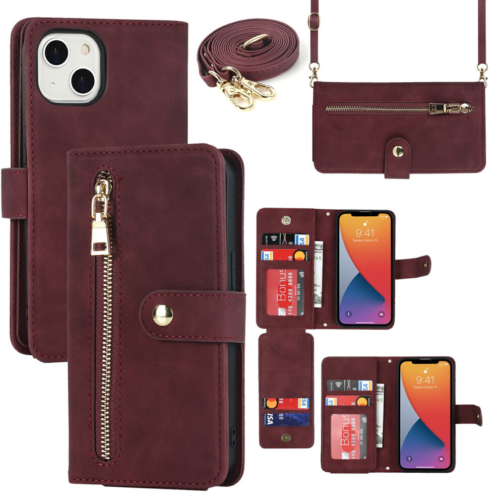 (Iphone 13 Mini, Wine ) For Iphone 13 Mini Stand Case Pu Leather Phone Cover With Straps/Zipper Wallet/Multiple Card Slots Red 6914288533164