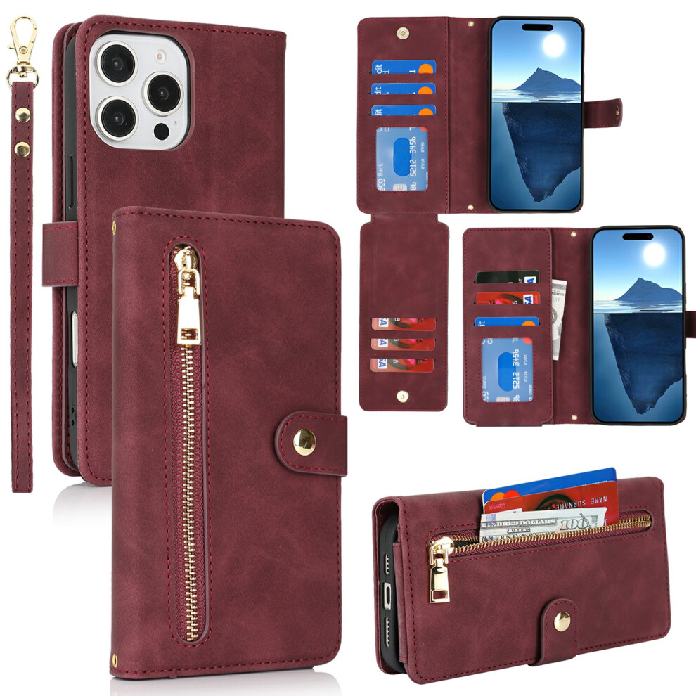 (Iphone 16 Pro, Wine ) For Iphone 16 Pro Stand Case Pu Leather Phone Cover With Straps/Zipper Wallet/Multiple Card Slots Red 6914286185358