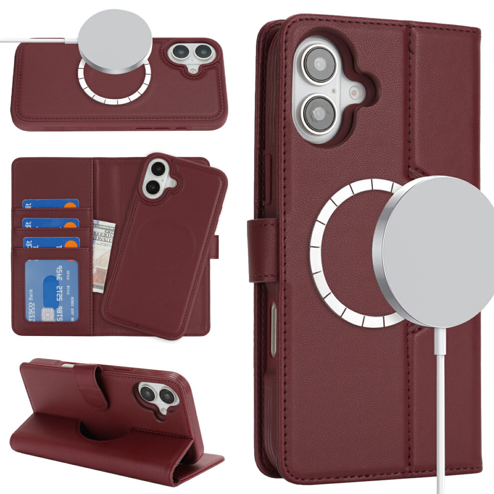 (Iphone 16 Plus, Wine ) For Iphone 16 Plus Wallet Case Compatible With Magsafe Anti-Drop Detachable Pu Leather Phone Cover Red 6914280067643