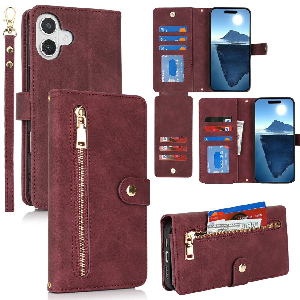(Iphone 16 Plus, Wine ) For Iphone 16 Plus Stand Case Pu Leather Phone Cover With Straps/Zipper Wallet/Multiple Card Slots Red 6914286594631