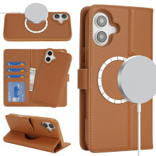 (iPhone 16 Plus, Brown) For iPhone 16 Plus Wallet Case Compatible with MagSafe Anti-Drop Detachable PU Leather Phone Cover