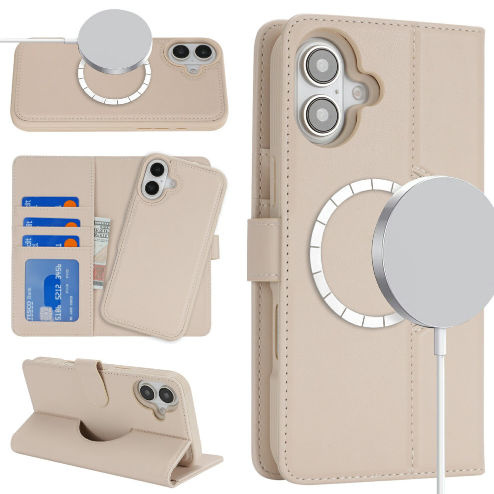 (Iphone 16 Plus, Beige) For Iphone 16 Plus Wallet Case Compatible With Magsafe Anti-Drop Detachable Pu Leather Phone Cover Cream 6914286212955