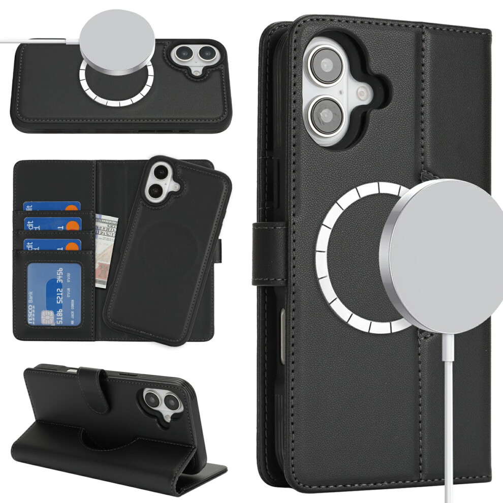 (Iphone 16 Plus, ) For Iphone 16 Plus Wallet Case Compatible With Magsafe Anti-Drop Detachable Pu Leather Phone Cover Black 6914284261108