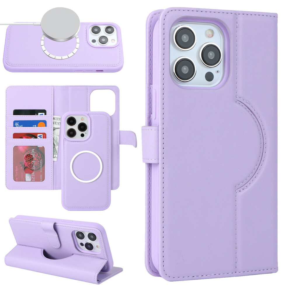 (Iphone 15 Pro, ) For Iphone 15 Pro Wallet Case Compatible With Magsafe Anti-Drop Detachable Pu Leather Phone Cover Purple 6914286182067