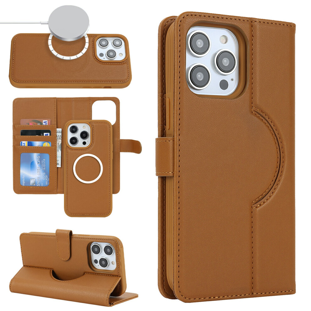 (Iphone 15 Pro, ) For Iphone 15 Pro Wallet Case Compatible With Magsafe Anti-Drop Detachable Pu Leather Phone Cover Brown 6914288452304