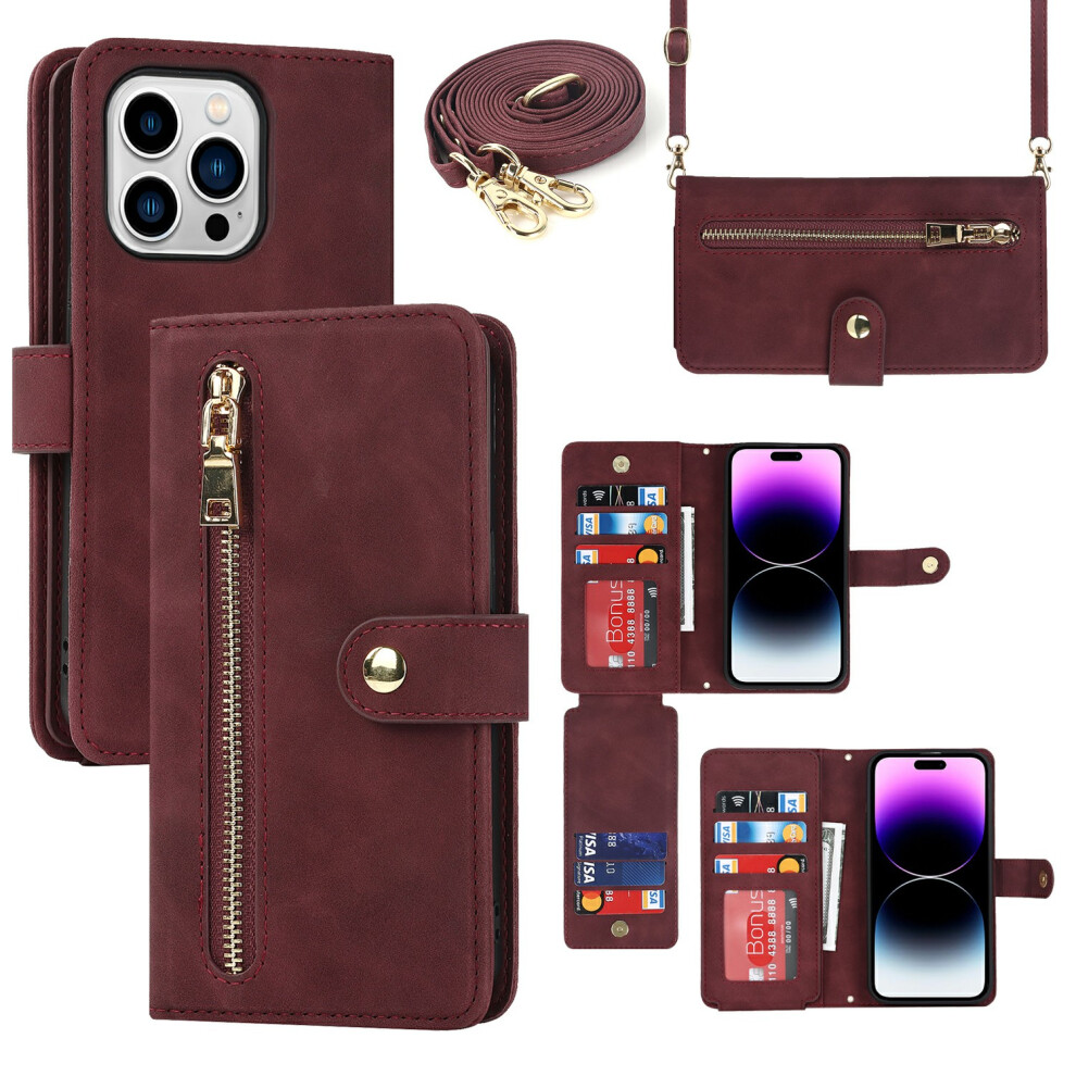 (Iphone 14 Pro, Wine ) For Iphone 14 Pro Stand Case Pu Leather Phone Cover With Straps/Zipper Wallet/Multiple Card Slots Red 6914288598415
