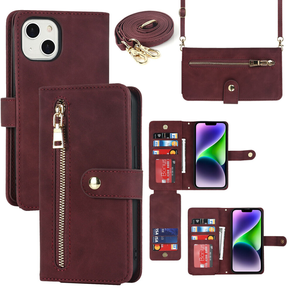 (Iphone 14 Plus, Wine ) For Iphone 14 Plus Stand Case Pu Leather Phone Cover With Straps/Zipper Wallet/Multiple Card Slots Red 6914288772129