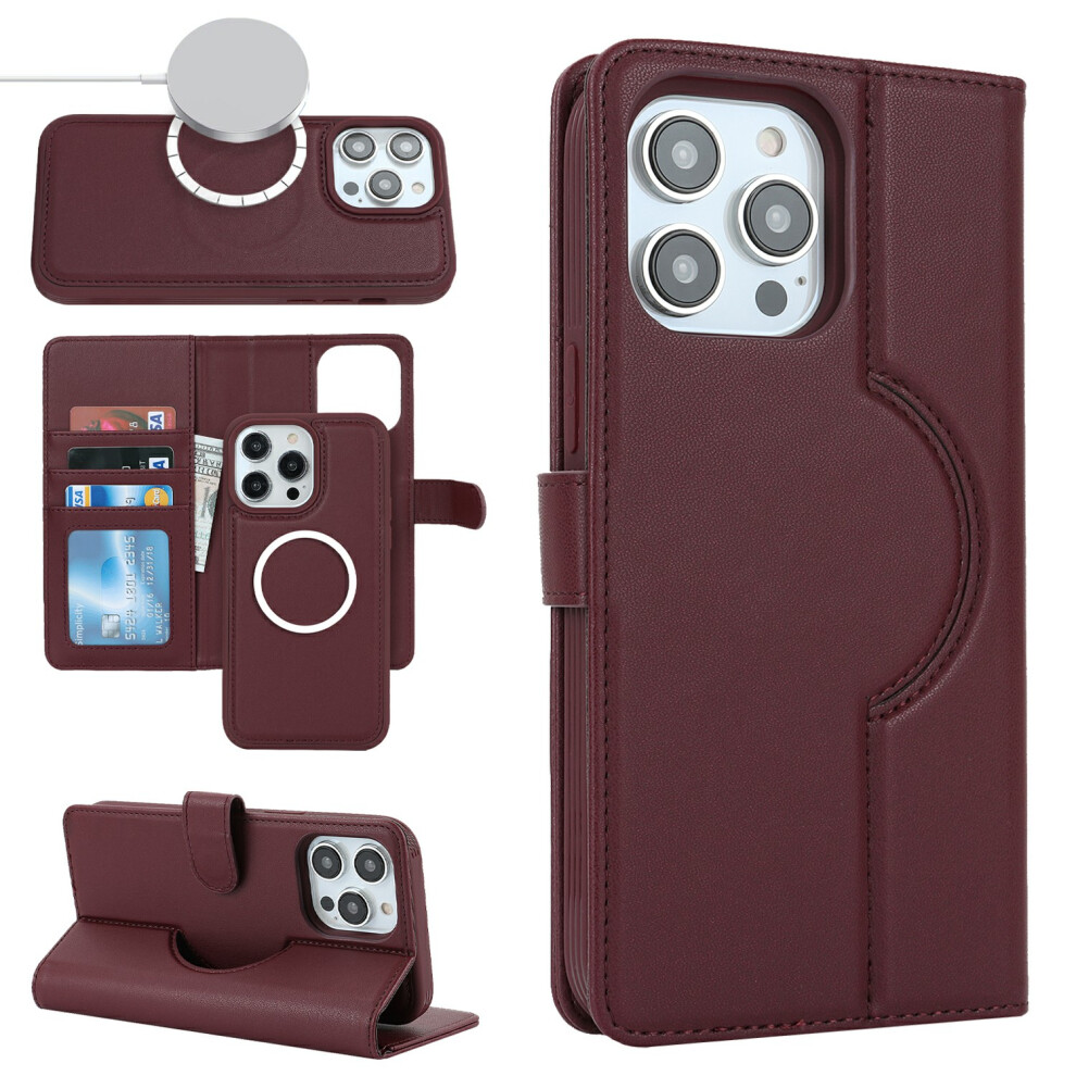 (Iphone 15 Pro, Wine ) For Iphone 15 Pro Wallet Case Compatible With Magsafe Anti-Drop Detachable Pu Leather Phone Cover Red 6914281505328