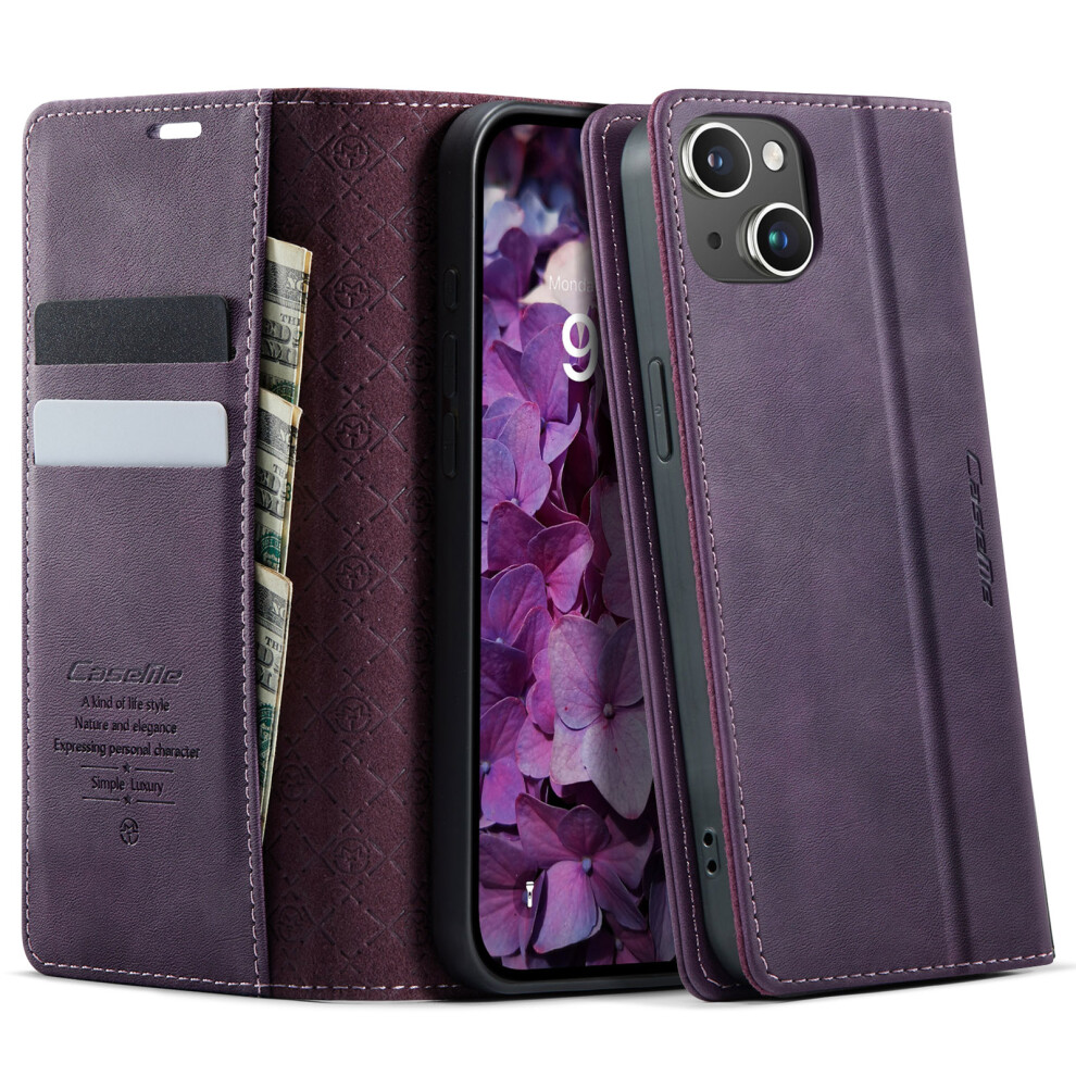 (Iphone 14, ) For Iphone 14 Case Caseme 033 Series Rfid Blocking Wallet Stand Calf Texture Leather Phone Cover Purple 6914282278351