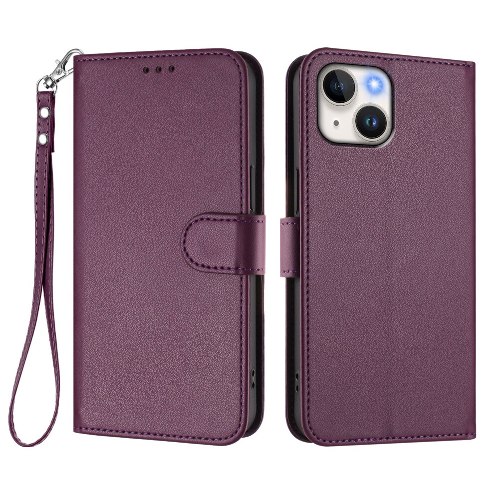 (Iphone 15, ) For Iphone 15 Leather Case Wallet Stand Phone Cover With Wrist Strap Purple 6914281716434