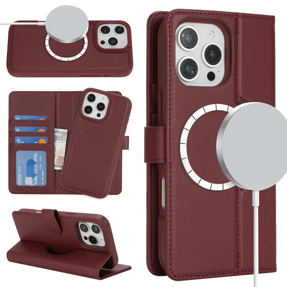(Iphone 16 Pro Max, Wine ) For Iphone 16 Pro Max Wallet Case Compatible With Magsafe Anti-Drop Detachable Pu Leather Phone Cover Red 6914284725921