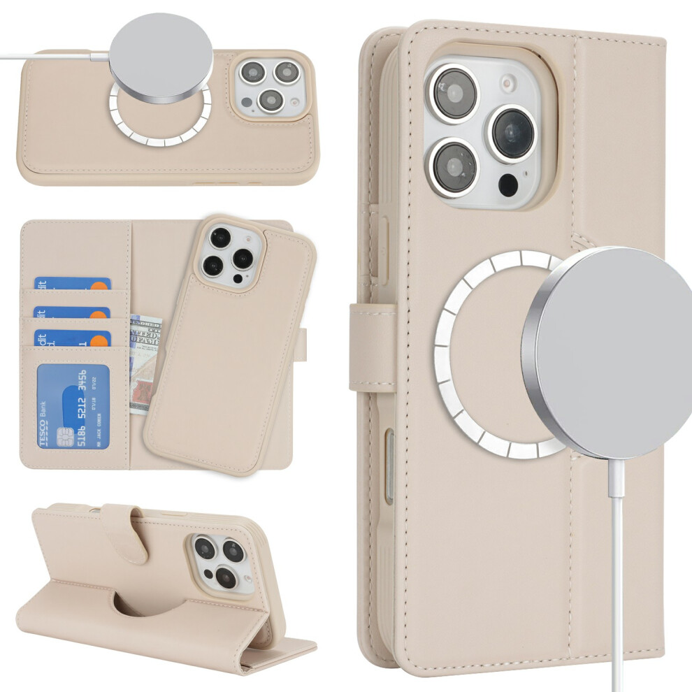 (Iphone 16 Pro Max, Beige) For Iphone 16 Pro Max Wallet Case Compatible With Magsafe Anti-Drop Detachable Pu Leather Phone Cover Cream 6914288132169