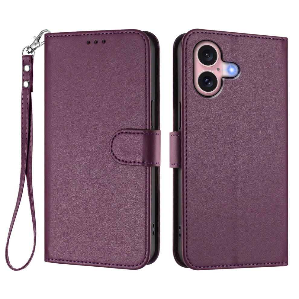 (Iphone 16, ) For Iphone 16 Leather Case Wallet Stand Phone Cover With Wrist Strap Purple 6914286039569
