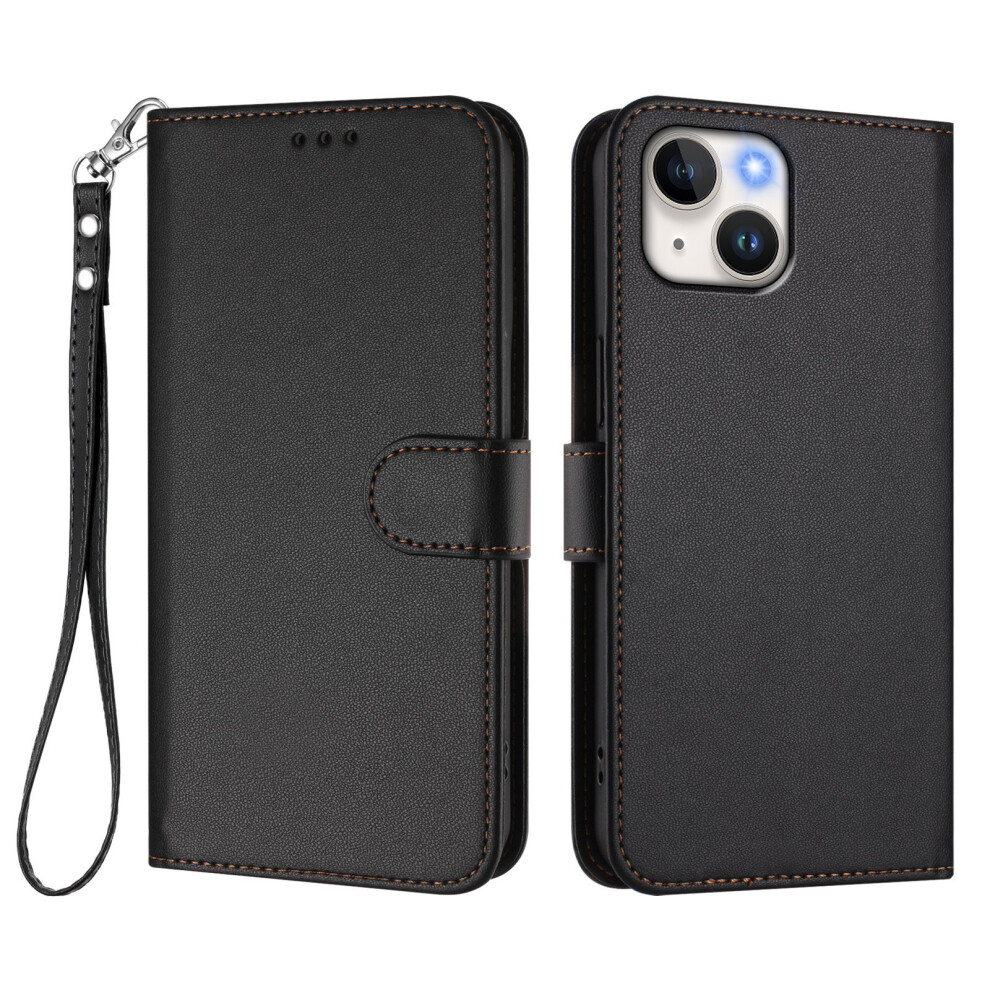 (Iphone 15, ) For Iphone 15 Leather Case Wallet Stand Phone Cover With Wrist Strap Black 6914287666566
