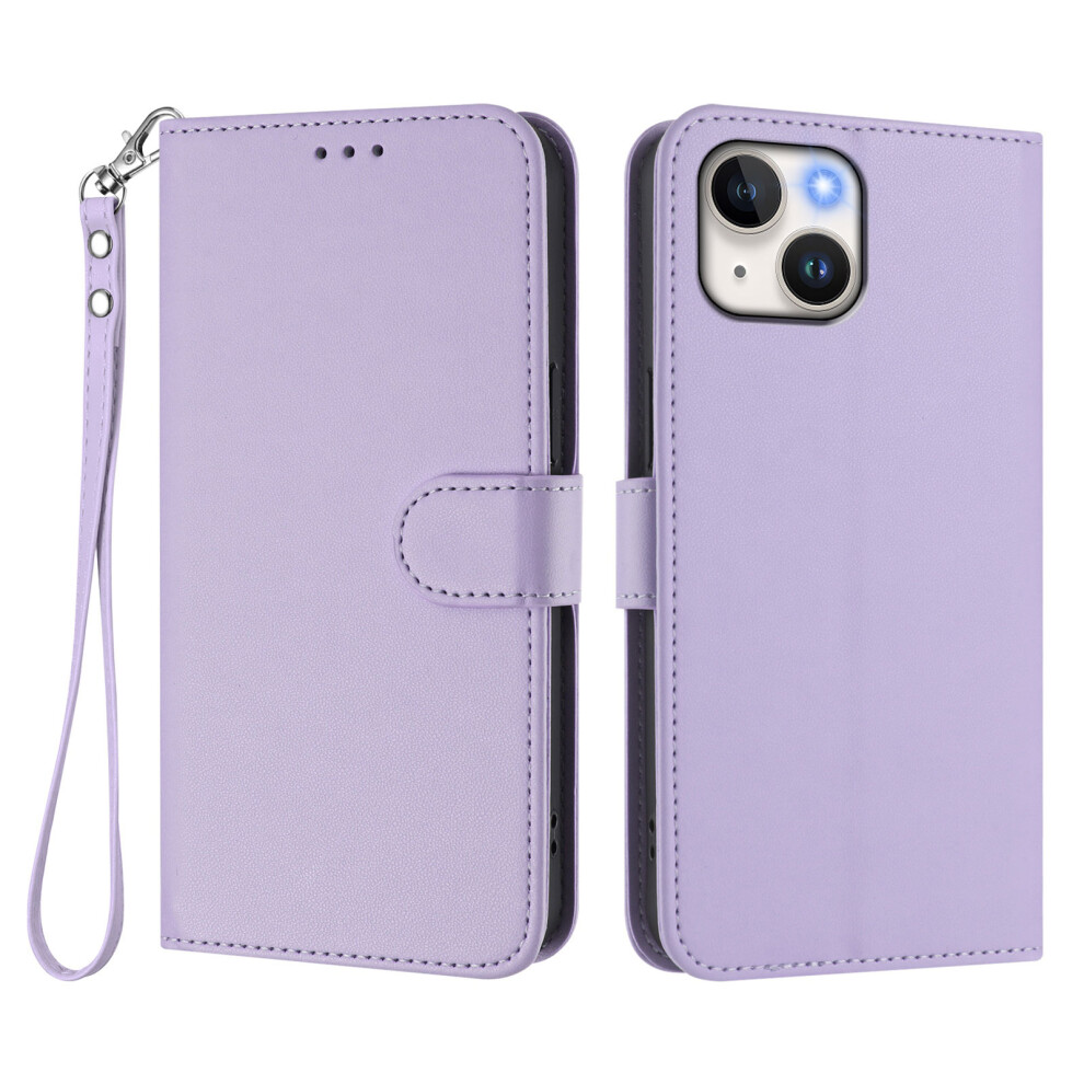 (Iphone 15, Light ) For Iphone 15 Leather Case Wallet Stand Phone Cover With Wrist Strap Purple 6914287706668