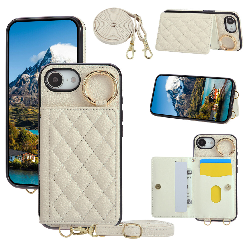 (Iphone 16E, Beige) For Iphone 16E Case Kickstand Rhombus Leather+Tpu Phone Cover With Shoulder Strap Cream 6914280161631
