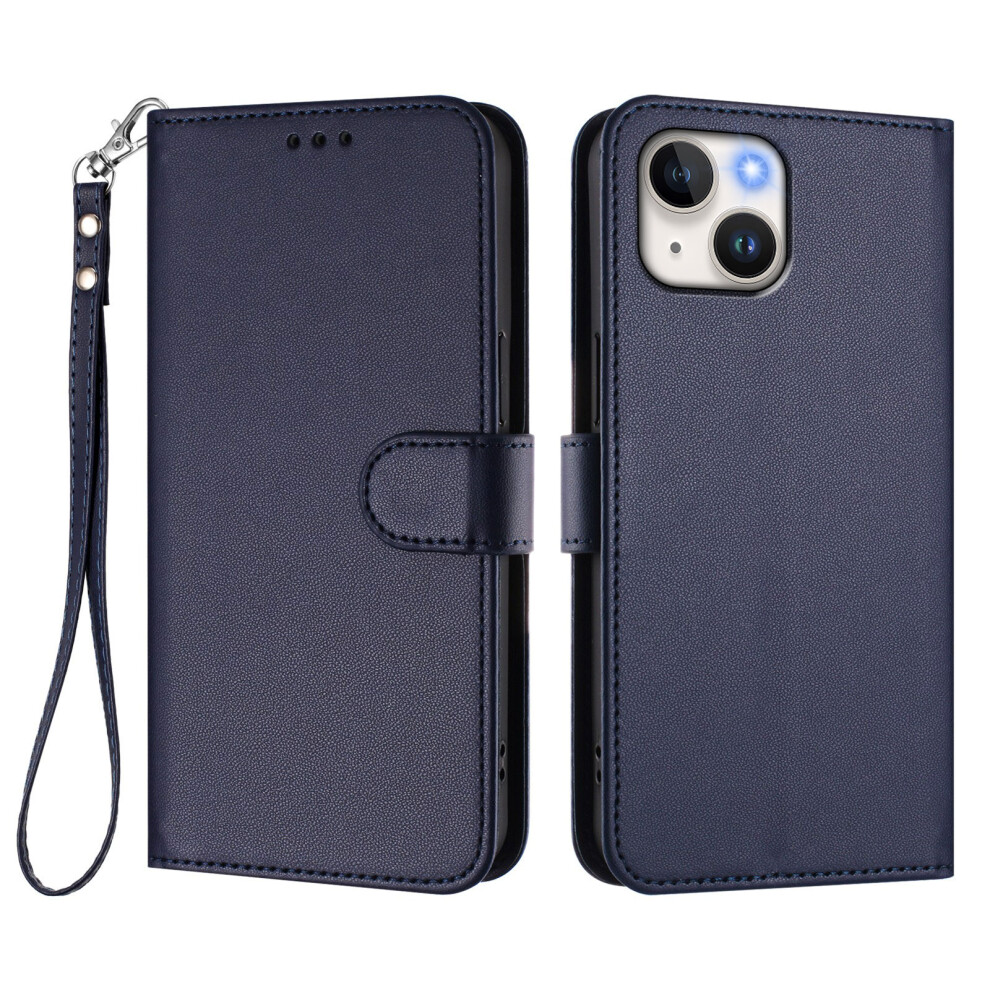 (Iphone 15, ) For Iphone 15 Leather Case Wallet Stand Phone Cover With Wrist Strap Blue 6914280719580