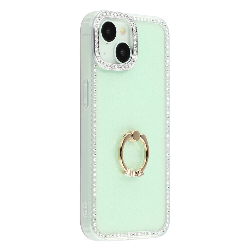(Iphone 15, Glitter Light ) For Iphone 15 Case With Ring Kickstand Rhinestone Edge Tpu+Pc Imd Phone Cover Green 6914287423251