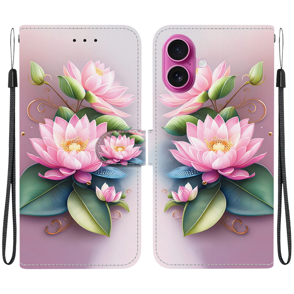 (Iphone 17, Lotus) For Iphone 17 Case Pattern Printing Anti-Drop Leather Flip Wallet Phone Cover With Lanyard 6914280225098