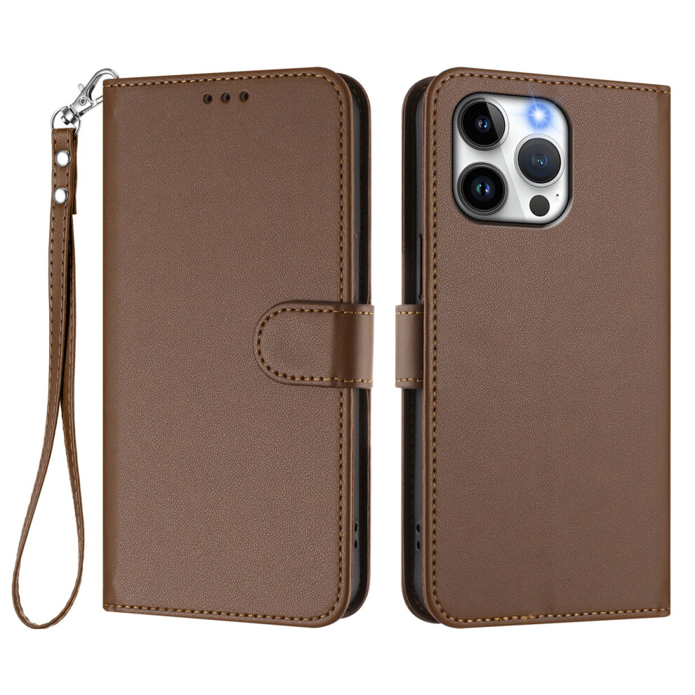 (Iphone 15 Pro Max, ) For Iphone 15 Pro Max Leather Case Wallet Stand Phone Cover With Wrist Strap Brown 6914284006846