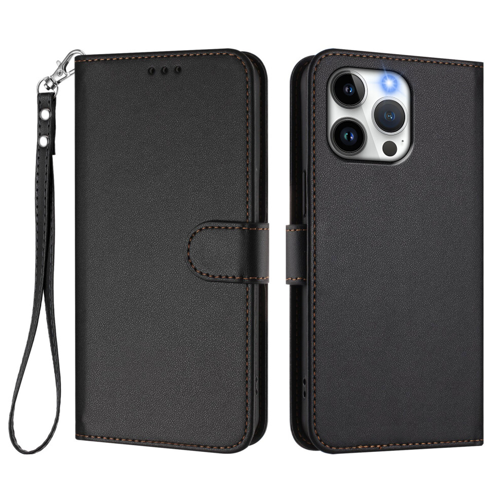 (Iphone 15 Pro Max, ) For Iphone 15 Pro Max Leather Case Wallet Stand Phone Cover With Wrist Strap Black 6914284906085