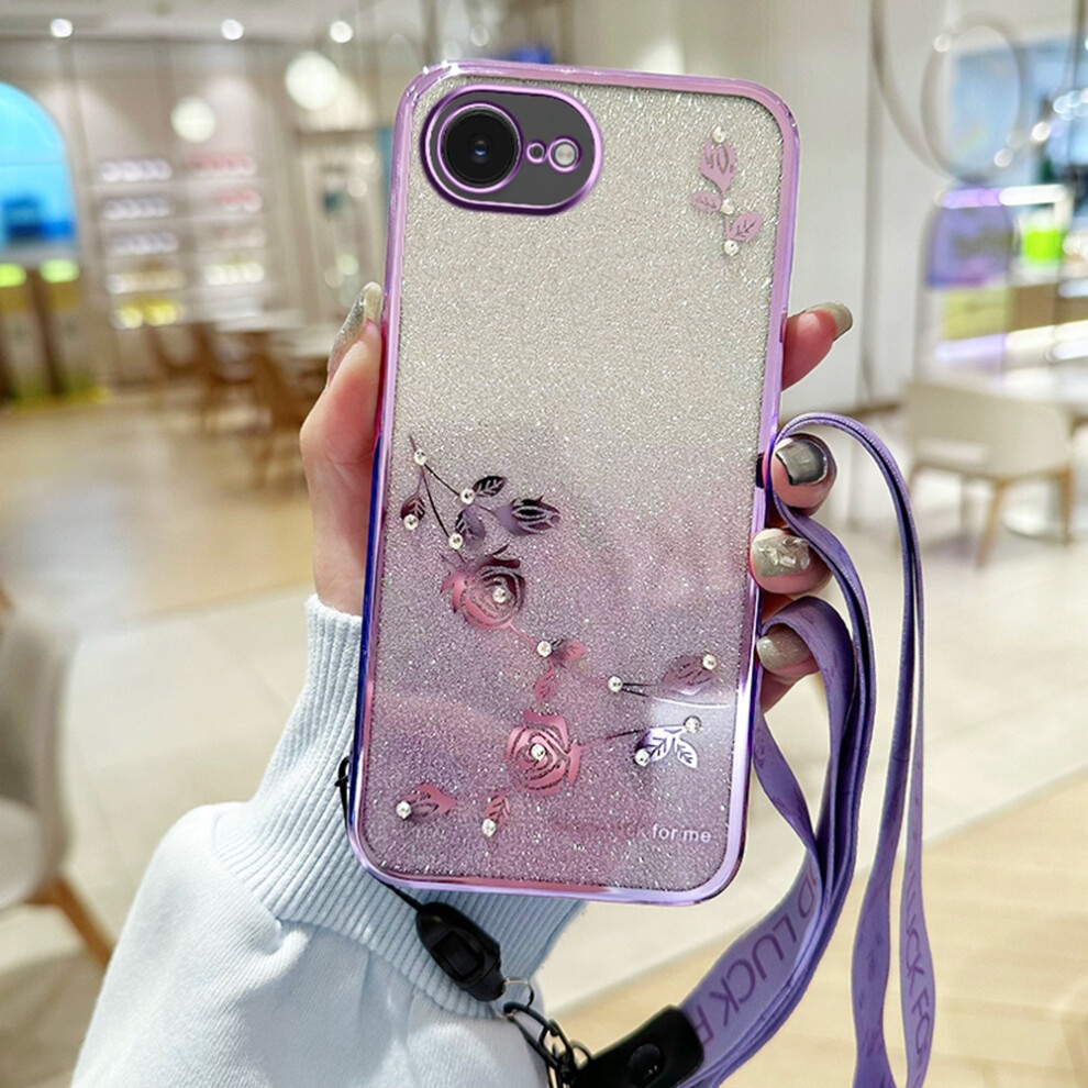 (Iphone 16E, ) Kadem For Iphone 16E Case Flower Pattern Tpu Gradient Phone Cover With Lanyards Purple 6914289402179