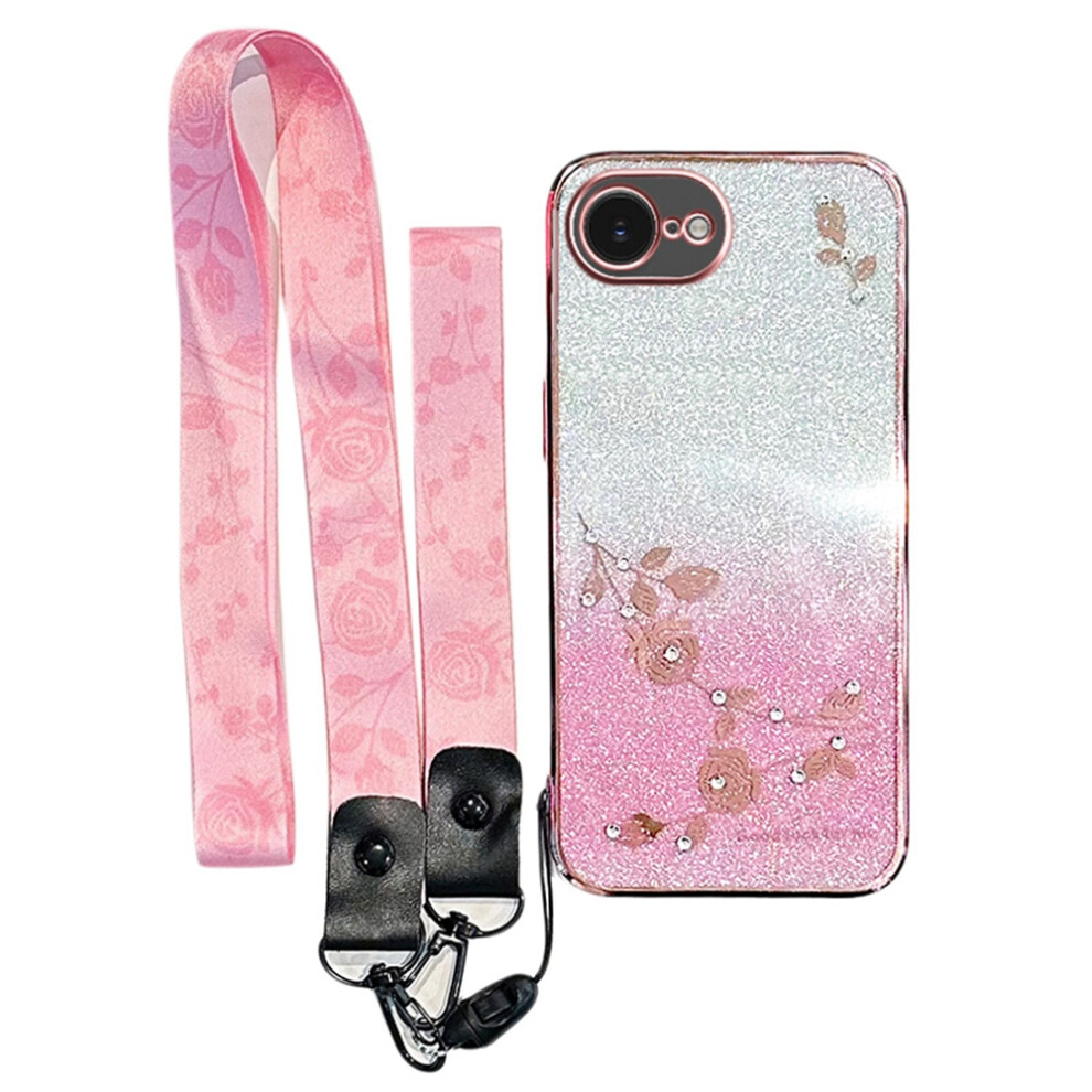 (Iphone 16E, Rose ) Kadem For Iphone 16E Case Flower Pattern Tpu Gradient Phone Cover With Lanyards Gold 6914284521349