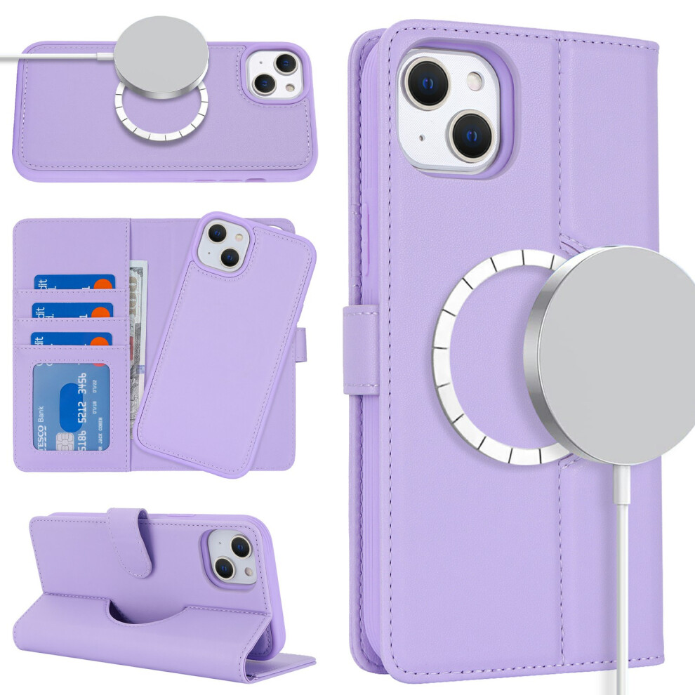 (Iphone 15, ) For Iphone 15 Wallet Case Compatible With Magsafe Anti-Drop Detachable Pu Leather Phone Cover Purple 6914280371856