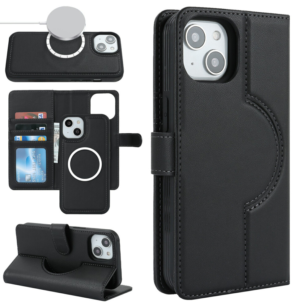 (Iphone 15, ) For Iphone 15 Wallet Case Compatible With Magsafe Anti-Drop Detachable Pu Leather Phone Cover Black 6914287151048