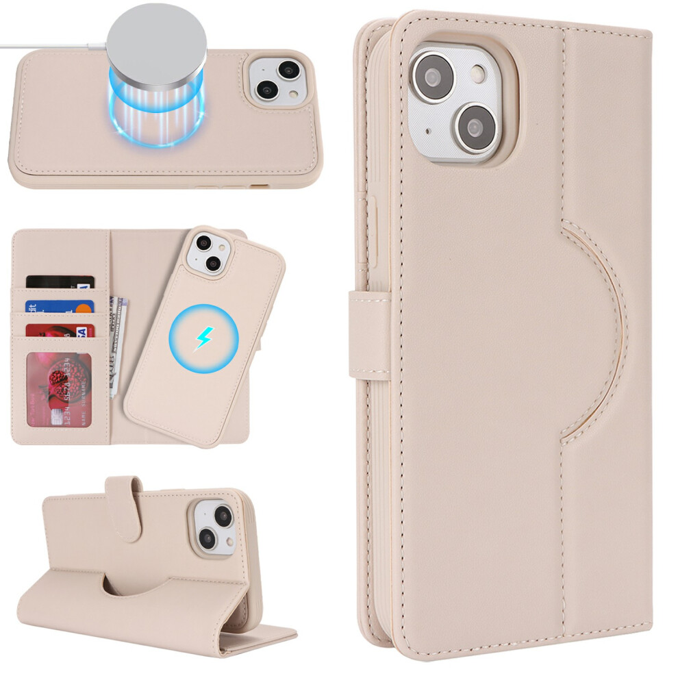 (Iphone 15, Beige) For Iphone 15 Wallet Case Compatible With Magsafe Anti-Drop Detachable Pu Leather Phone Cover Cream 6914287466685