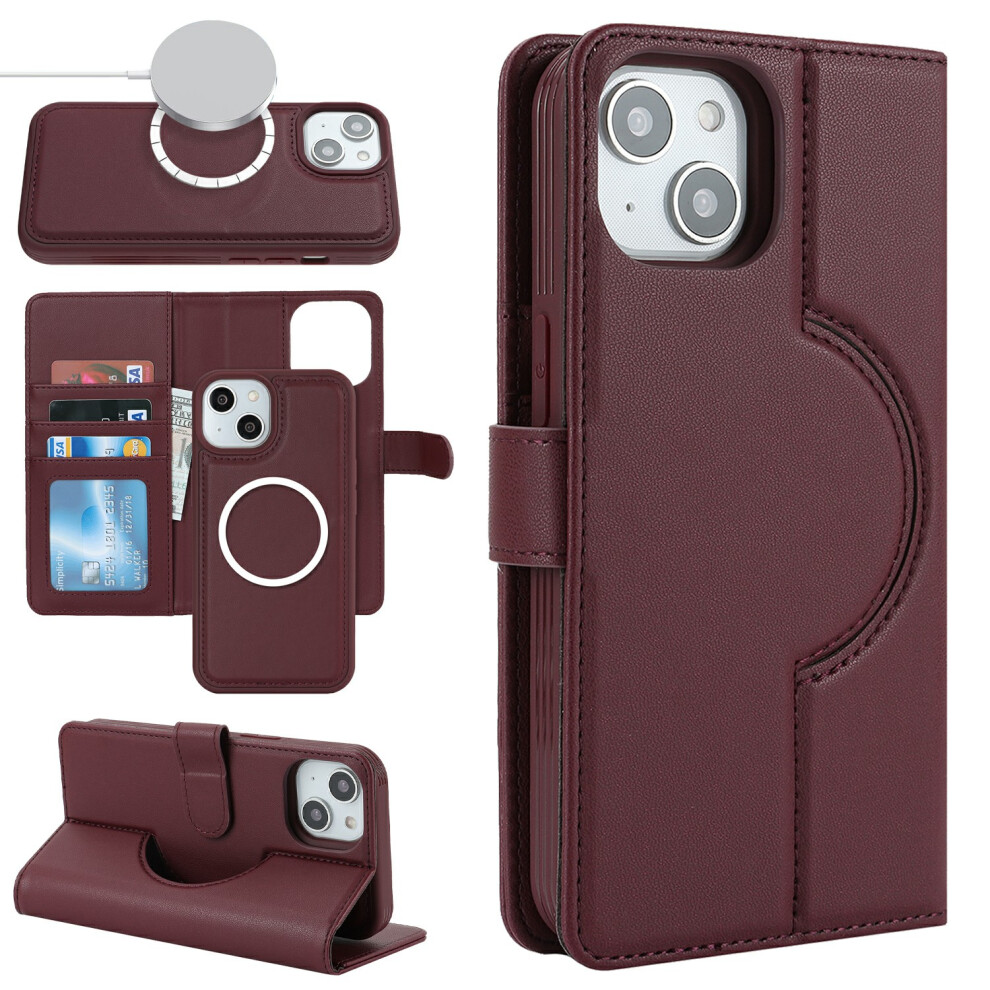 (Iphone 15, Wine ) For Iphone 15 Wallet Case Compatible With Magsafe Anti-Drop Detachable Pu Leather Phone Cover Red 6914289102895