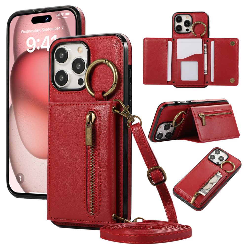 (Iphone 16 Pro Max, ) For Iphone 16 Pro Max Leather Back Cover Zipper Wallet Kickstand Phone Case With Shoulder Strap Red 6914284139667