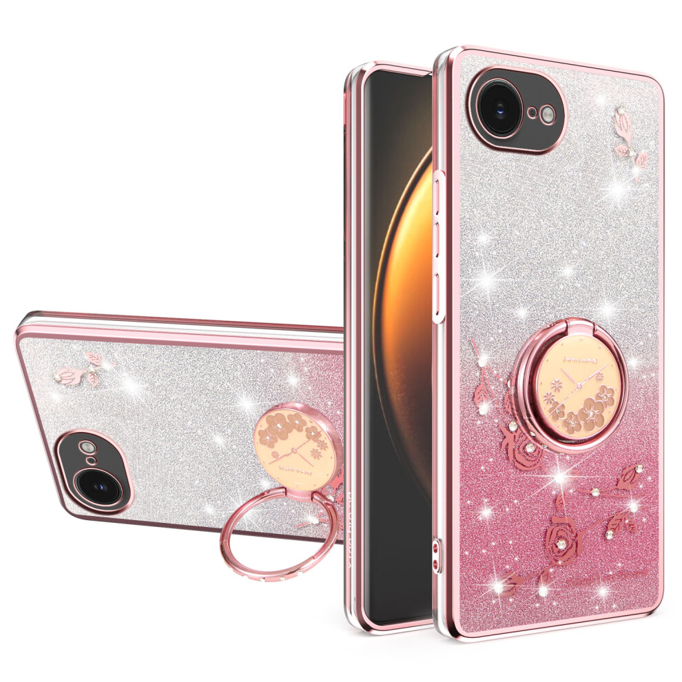 (Iphone 16E, ) Kadem For Iphone 16E Case Ring Kickstand Tpu Flowers Phone Cover Gradient Glitter Pink 6914283655717