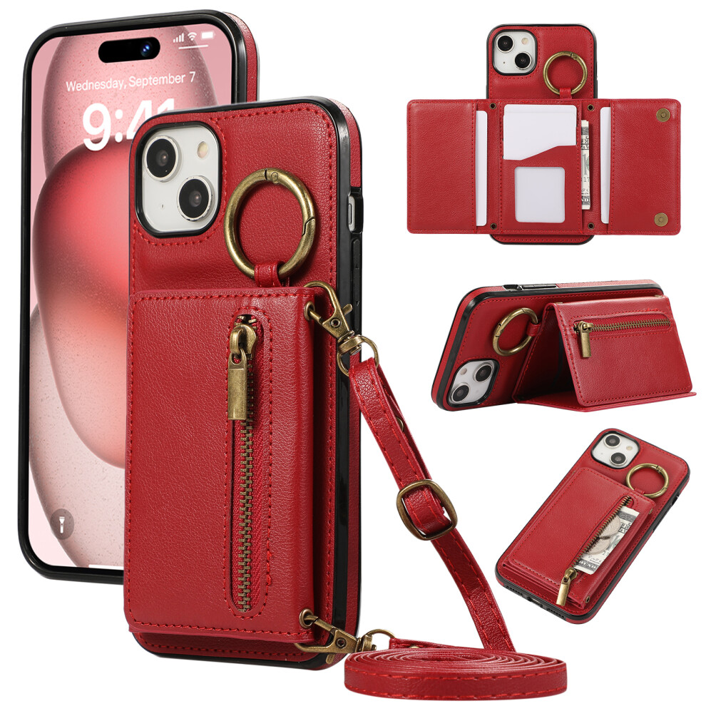 (Iphone 15, ) For Iphone 15 Leather Back Cover Zipper Wallet Kickstand Phone Case With Shoulder Strap Red 6914289002966