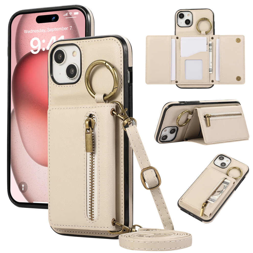 (Iphone 15, Beige) For Iphone 15 Leather Back Cover Zipper Wallet Kickstand Phone Case With Shoulder Strap Cream 6914282445210
