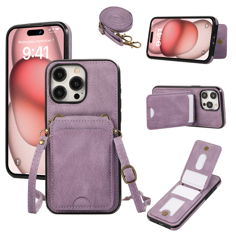 (Iphone 15 Pro, ) For Iphone 15 Pro Case Card Holder Kickstand Leather+Tpu Phone Cover With Shoulder Strap Purple 6914288763295