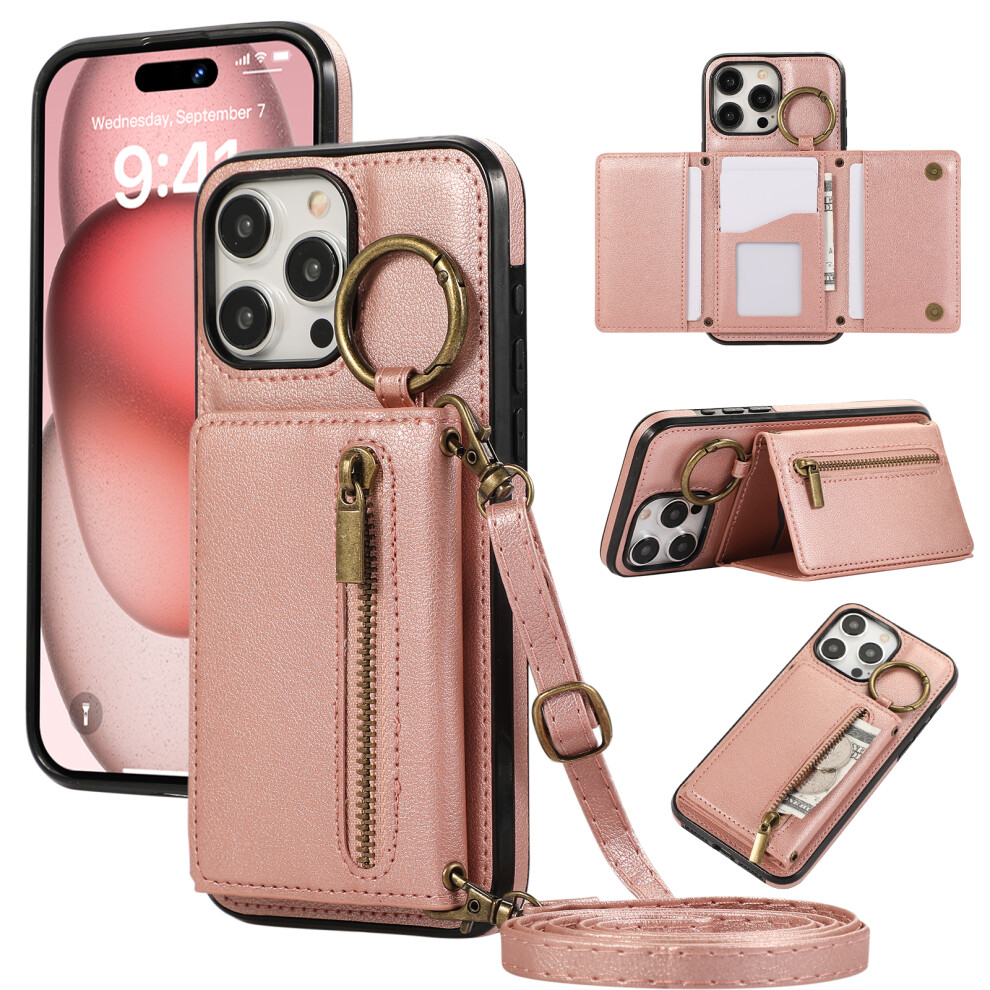 (Iphone 15 Pro, ) For Iphone 15 Pro Leather Back Cover Zipper Wallet Kickstand Phone Case With Shoulder Strap Pink 6914283975532