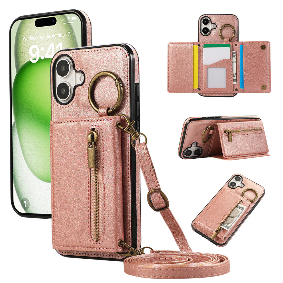 (Iphone 16, ) For Iphone 16 Leather Back Cover Zipper Wallet Kickstand Phone Case With Shoulder Strap Pink 6914282805984