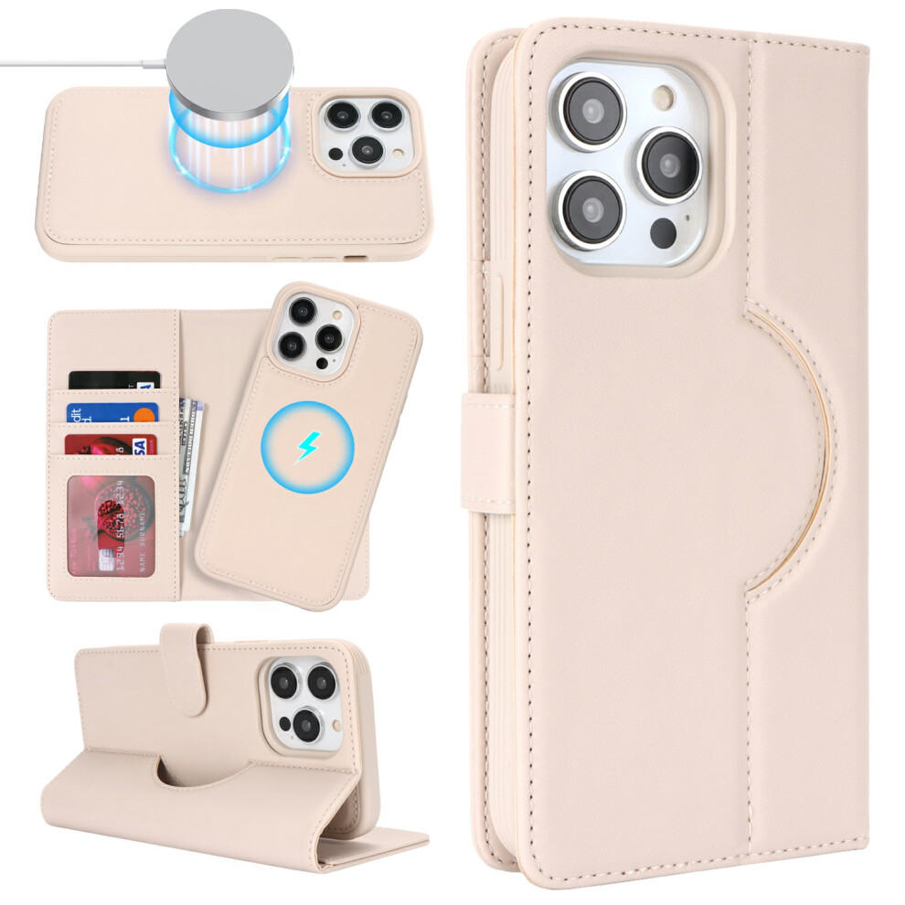 (Iphone 15 Pro Max, Beige) For Iphone 15 Pro Max Wallet Case Compatible With Magsafe Anti-Drop Detachable Pu Leather Phone Cover Cream 6914287492530