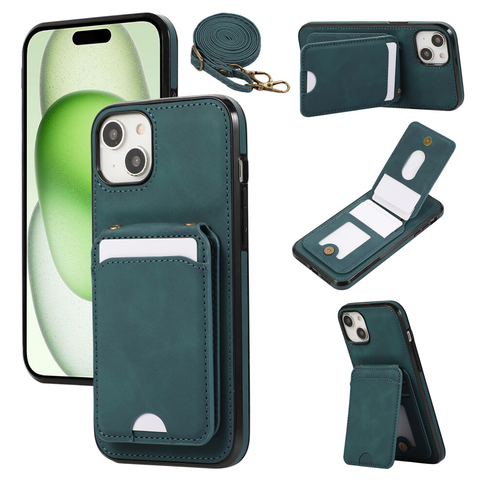 (Iphone 15, ) For Iphone 15 Case Card Holder Kickstand Leather+Tpu Phone Cover With Shoulder Strap Green 6914286603708