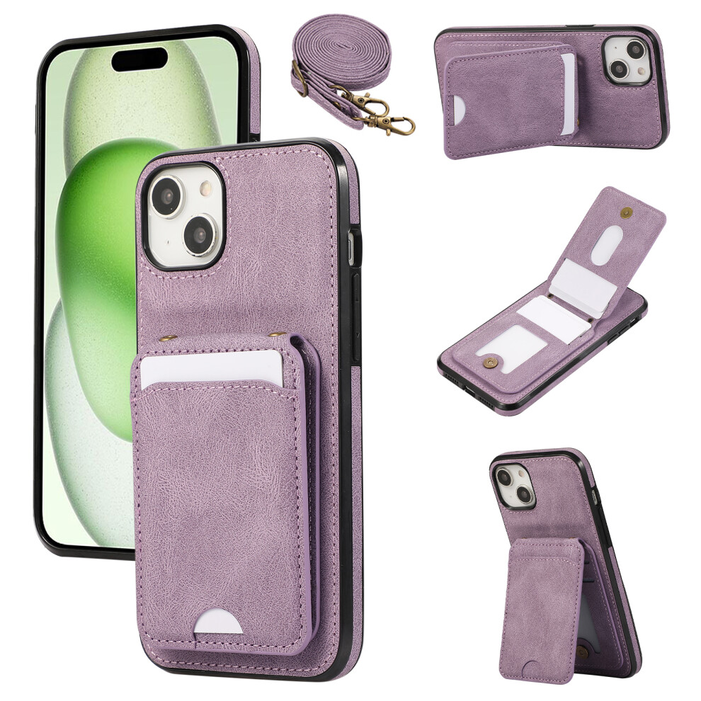 (Iphone 15, ) For Iphone 15 Case Card Holder Kickstand Leather+Tpu Phone Cover With Shoulder Strap Purple 6914280191751