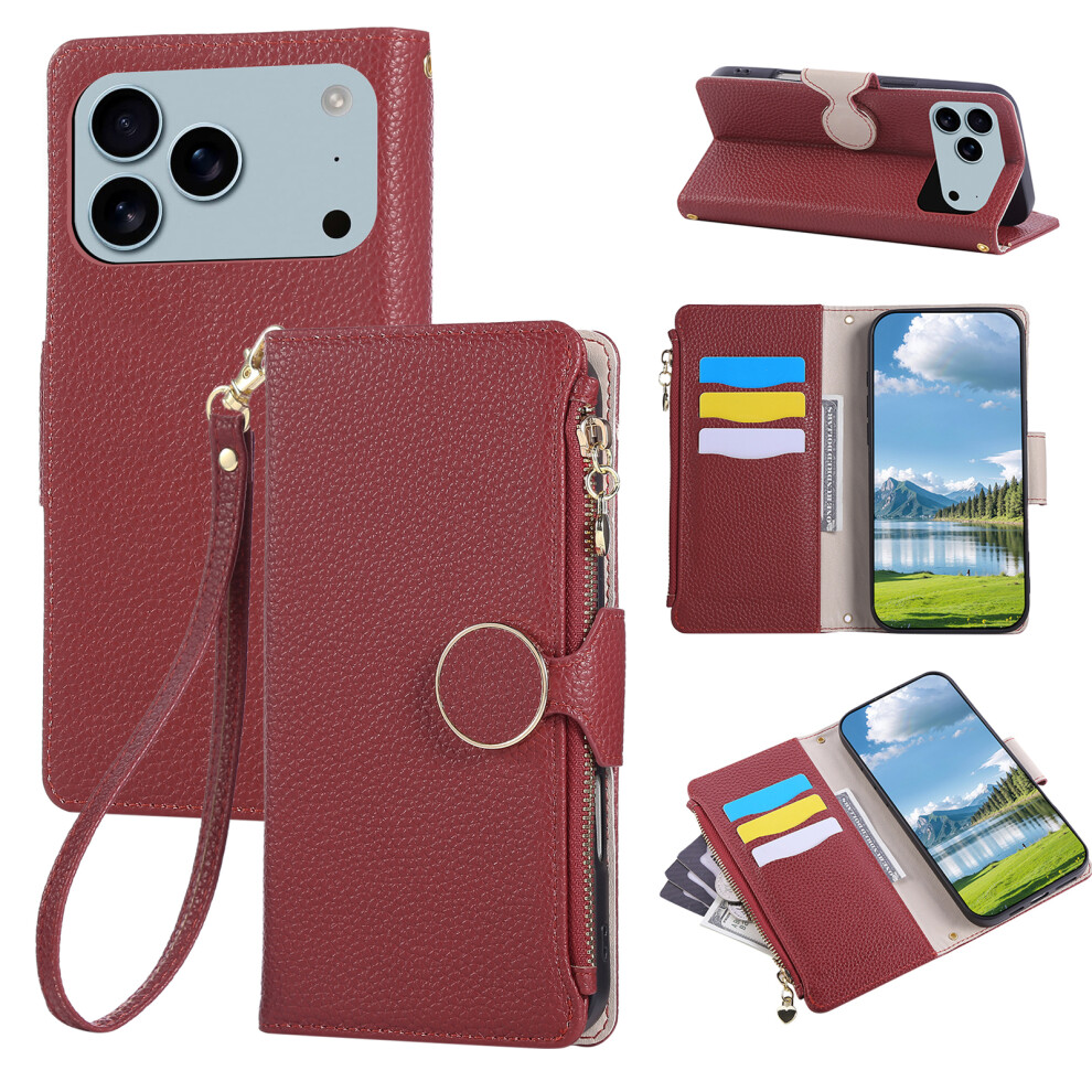 (Iphone 17 Pro, Wine ) For Iphone 17 Pro Case Zipper Wallet Leather Phone Cover With Wrist Strap Red 6914282176626