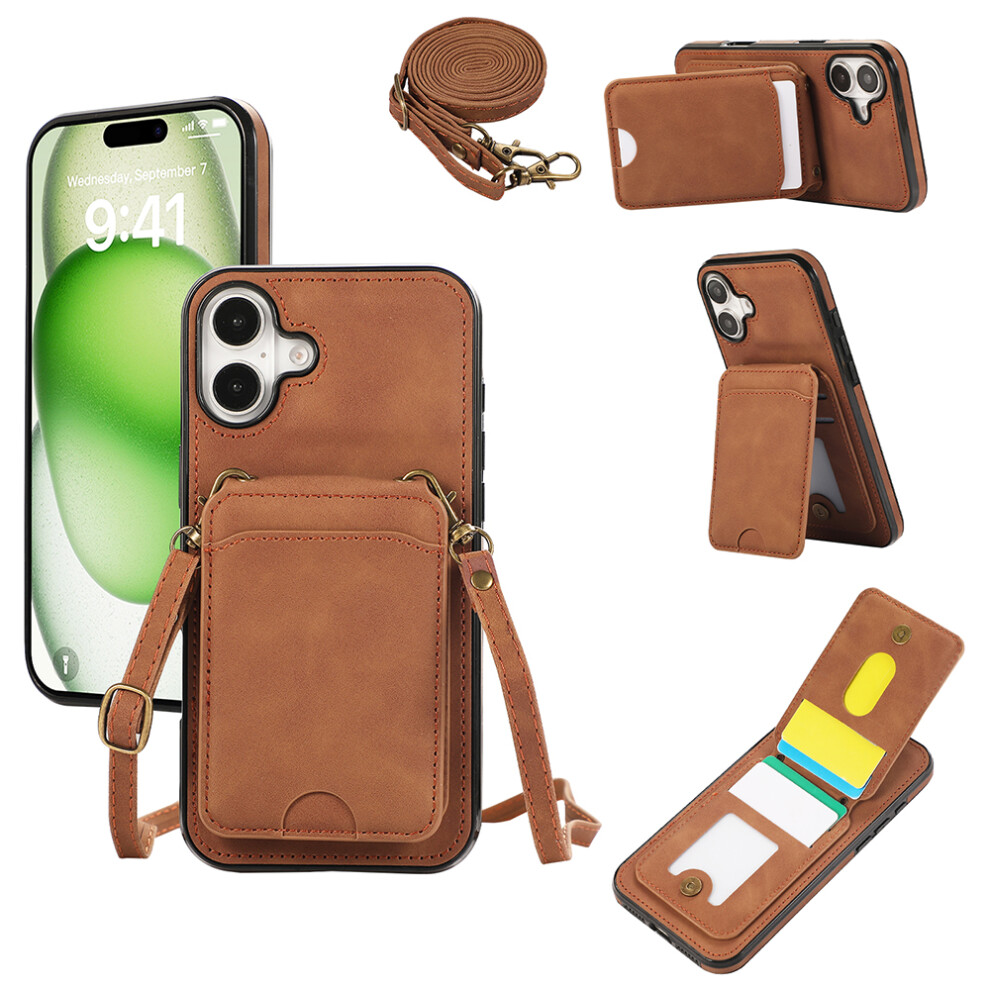 (Iphone 16, ) For Iphone 16 Case Card Holder Kickstand Leather+Tpu Phone Cover With Shoulder Strap Brown 6914287683501